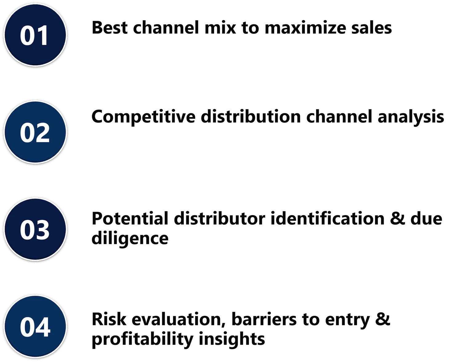 Four-step GTM framework covering channel mix, competitive analysis, distributor identification, and risk evaluation